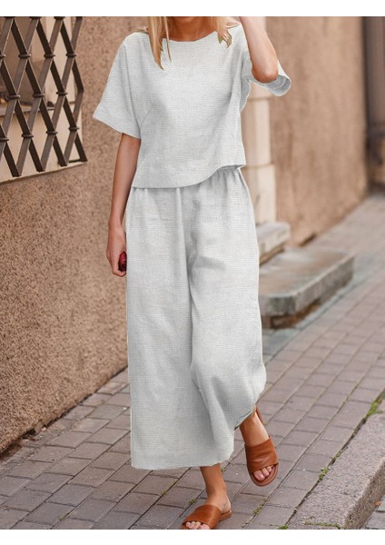 Keten Günlük Rahat Beli Lastikli Kadın İkili Takım Alt Üst fiyatları