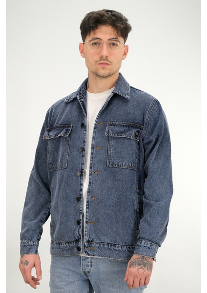 Erkek Lacivert Yıkamalı Kot Ceket Rahat Kalıp Gömlek Yaka Kapaklı Çift Cep