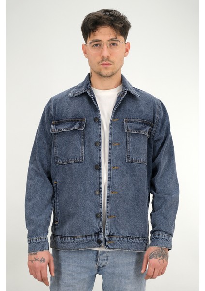 Erkek Lacivert Yıkamalı Kot Ceket Rahat Kalıp Gömlek Yaka Kapaklı Çift Cep fiyatları