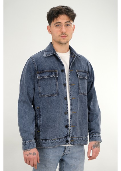 Erkek Lacivert Yıkamalı Kot Ceket Rahat Kalıp Gömlek Yaka Kapaklı Çift Cep modelleri