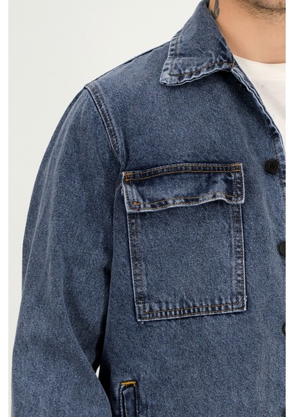 Erkek Lacivert Yıkamalı Kot Ceket Rahat Kalıp Gömlek Yaka Kapaklı Çift Cep
