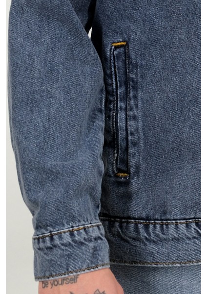 Erkek Lacivert Yıkamalı Kot Ceket Rahat Kalıp Gömlek Yaka Kapaklı Çift Cep