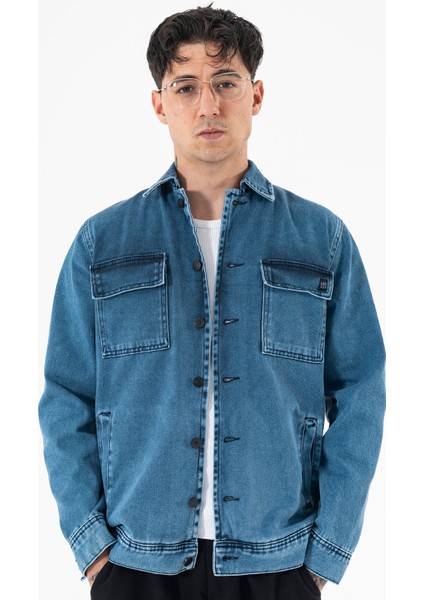Erkek Lacivert Kot Ceket Relax Fit Kapaklı Çift Cepli Gömlek Yaka