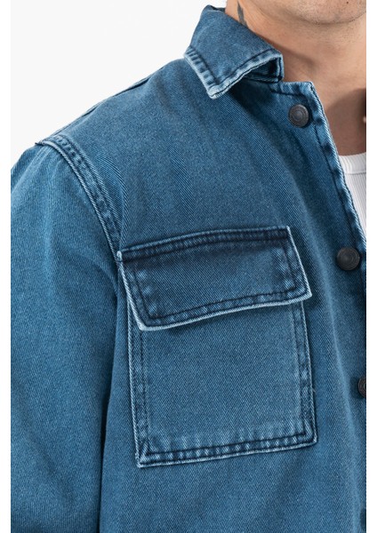 Erkek Lacivert Kot Ceket Relax Fit Kapaklı Çift Cepli Gömlek Yaka