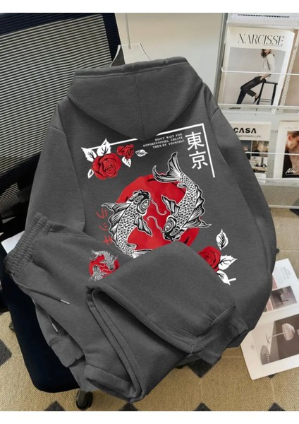 Özel Tasarım Kapüşonlu Koi Balığı Sırt Baskılı %100 Pamuk 3 Iplik Kışlık Japon Stil Erkek Çocuk Eşofman Takımı