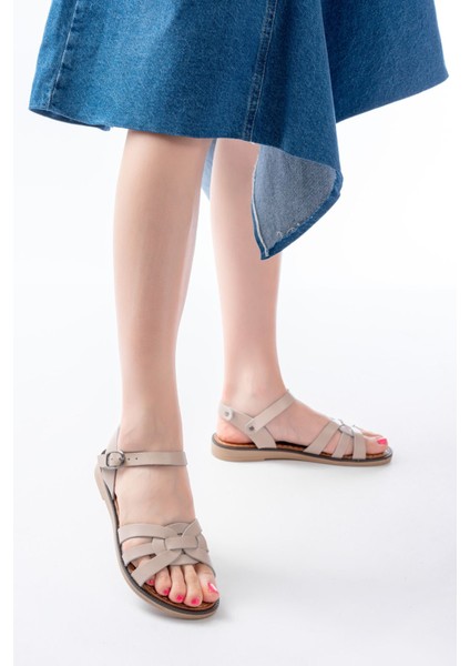 205-030 Bej Hakiki Deri Ortopedik Taban Kadın Sandalet modelleri