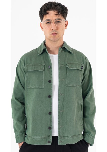 Erkek Yeşil Kot Ceket Relax Fit Kapaklı Çift Cepli Gömlek Yaka