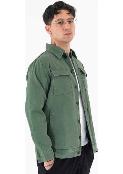 Erkek Yeşil Kot Ceket Relax Fit Kapaklı Çift Cepli Gömlek Yaka fiyatları