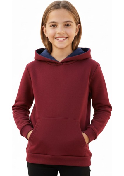 Kız Çocuk Bordo Kapüşonlu Cepli 3 Iplik Sweatshirt BGL-ST04998