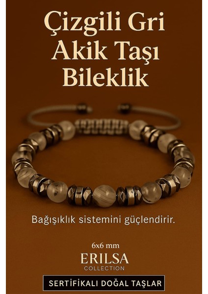 Sertifikalı Çizgili Gri Akik Taşı Bileklik 6x6 mm – Bağışıklık ve Dayanıklılık Taşı