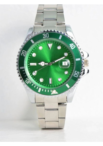 Gümüş Çelik Kordon Erkek Kol Saati Takvimli Yeşil Kadran Özel Kutusunda