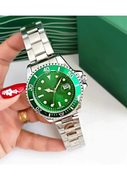 Gümüş Çelik Kordon Erkek Kol Saati Takvimli Yeşil Kadran Özel Kutusunda fırsatları