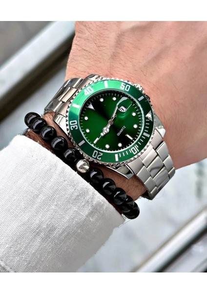 Gümüş Çelik Kordon Erkek Kol Saati Takvimli Yeşil Kadran Özel Kutusunda indirimleri