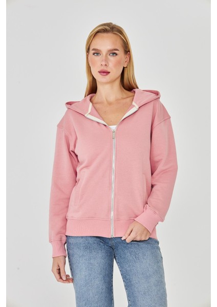 Kadın Tam Fermuarlı Kapüşonlu Pamuklu Eşofman Üstü Pembe 9508-P