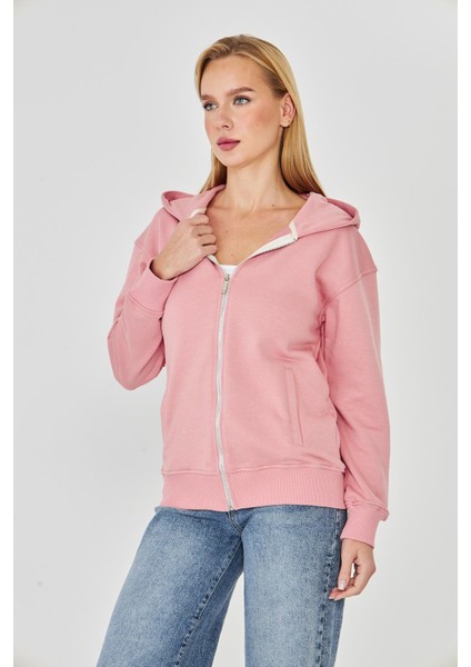 Kadın Tam Fermuarlı Kapüşonlu Pamuklu Eşofman Üstü Pembe 9508-P fiyatları