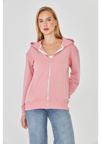 Kadın Tam Fermuarlı Kapüşonlu Pamuklu Eşofman Üstü Pembe 9508-P modelleri