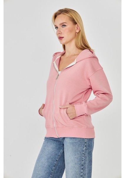 Kadın Tam Fermuarlı Kapüşonlu Pamuklu Eşofman Üstü Pembe 9508-P fırsatları
