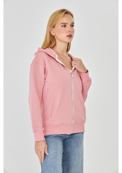 Kadın Tam Fermuarlı Kapüşonlu Pamuklu Eşofman Üstü Pembe 9508-P indirimleri