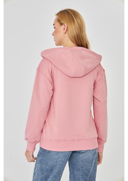 Kadın Tam Fermuarlı Kapüşonlu Pamuklu Eşofman Üstü Pembe 9508-P