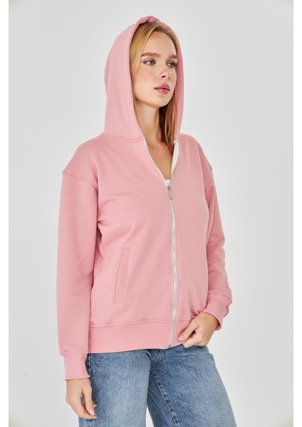 Kadın Tam Fermuarlı Kapüşonlu Pamuklu Eşofman Üstü Pembe 9508-P