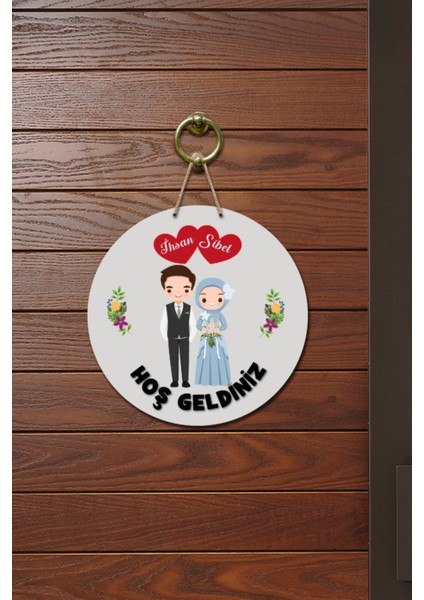 Kapı Süsü Kalpli Hoş Geldiniz Yazılı Ahşap Baskı Kişiye Özel Tasarım