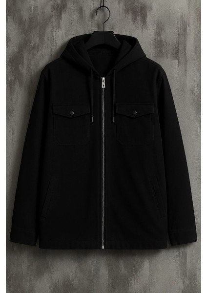 Erkek Oversize Premium Siyah Kapşonlu Mont