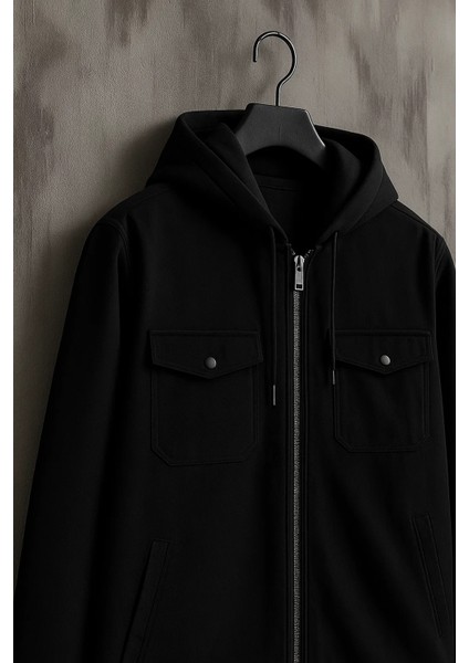 Erkek Oversize Premium Siyah Kapşonlu Mont