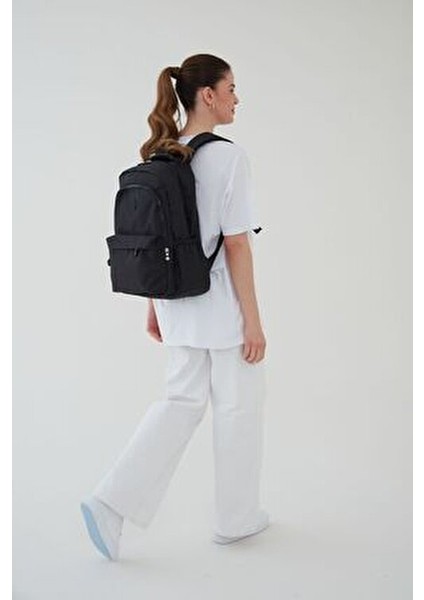 Unisex Siyah Su Geçirmez Kumaş Büyük Boy Çok Gözlü Okul Seyahat Sırt Çantası Rosso Collina Siyah