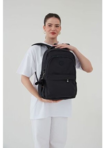 Unisex Siyah Su Geçirmez Kumaş Büyük Boy Çok Gözlü Okul Seyahat Sırt Çantası Rosso Collina Siyah