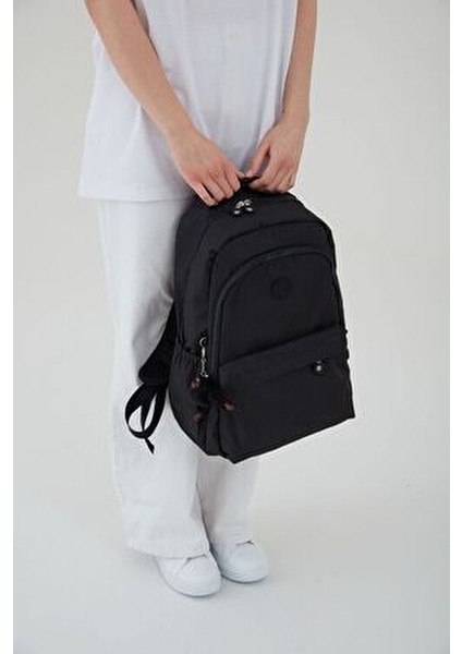 Unisex Siyah Su Geçirmez Kumaş Büyük Boy Çok Gözlü Okul Seyahat Sırt Çantası Rosso Collina Siyah