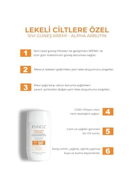 Sinoz SPF50+ Koyu Cilt Lekelerine Etkili Sıvı Yüz Güneş Kremi-Yeni Nesil Filtreler-Hibrit Formül Pa++++ fiyatları