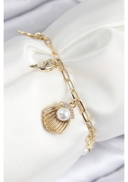 Pirinç Zirkon Taşlı Incili Istiridye Model Gold Renk Kadın Bileklik - Lisinya