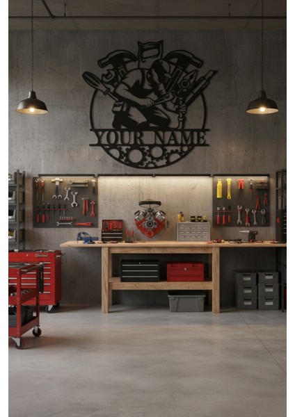 Kişiye Özel Isimli Tamirhane Atölye Tablosu Metal Duvar Dekoru 45X44 / 60X59 cm modelleri