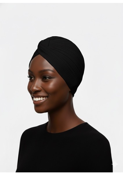 Agraf Plise Siyah Hazır Türban Tesettür Bone