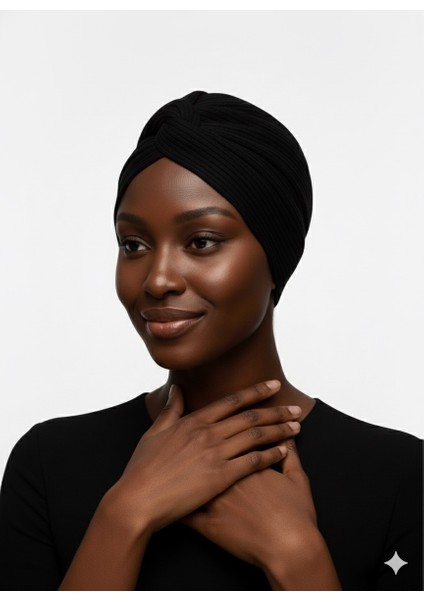 Agraf Plise Siyah Hazır Türban Tesettür Bone
