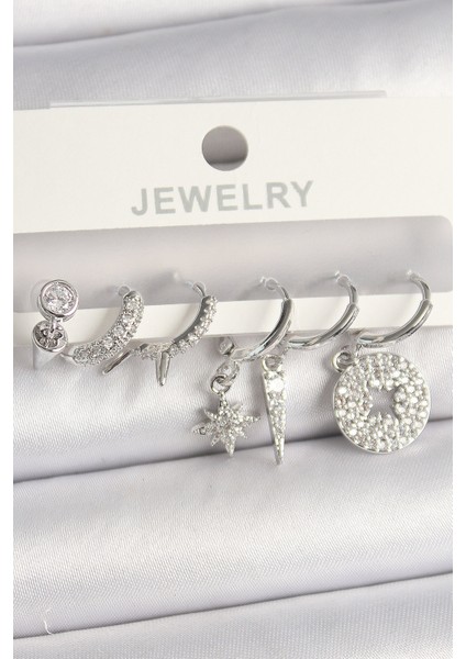 Pirinç Gümüş Renk Zirkon Taşlı Çoklu Figür Kadın Küpe Seti - Lisinya