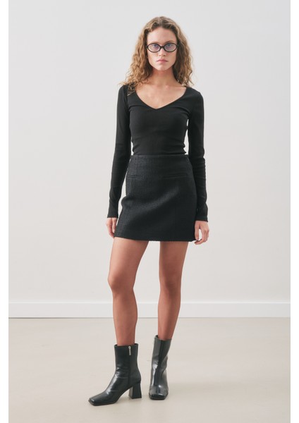 Bukle Kumaş Mini Etek Siyah