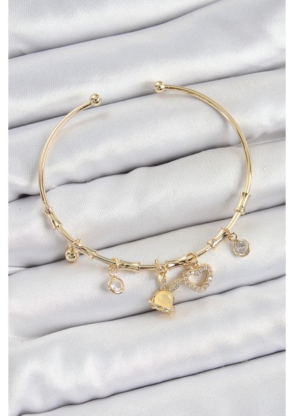Pirinç Zirkon Taşlı Tavşan ve Kalp Model Gold Renk Charm Bileklik - Lisinya