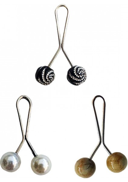 3 Adet Tesettür Eşarp ve Şal Klipsi İnci Beyaz Hardal Siyah Desenli