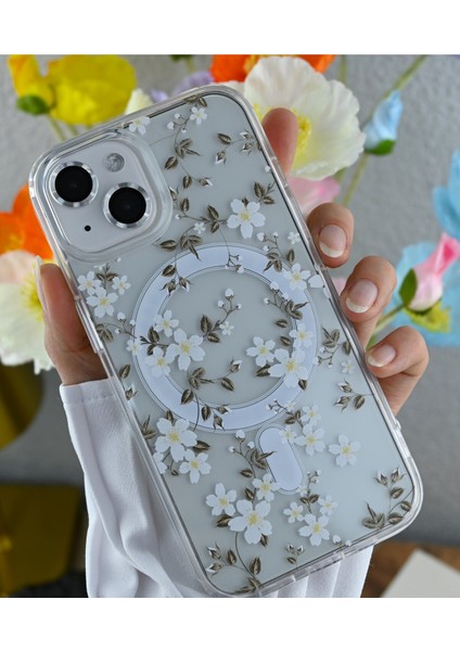 Iphone 15 - 14 -13 Uyumlu Çiçekli Gerçek Magsafe Özellikli Darbe Önleyici Koruyucu Kılıf