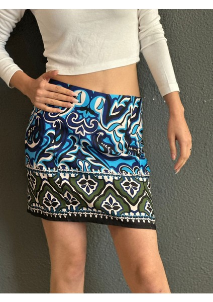 Mavi Desenli Kadın Mini Etek S Beden