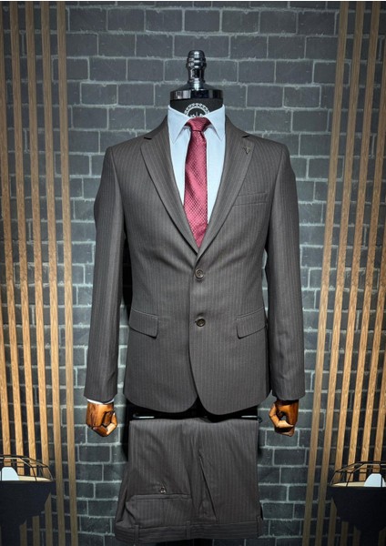 Slim Fit Viscon Çizgili Takım Elbise