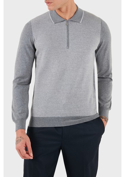 % 100 Yün Regular Fit Yarım Fermuarlı Polo Yaka Kazak Erkek Polo Yaka Kazak 43108 14713 090