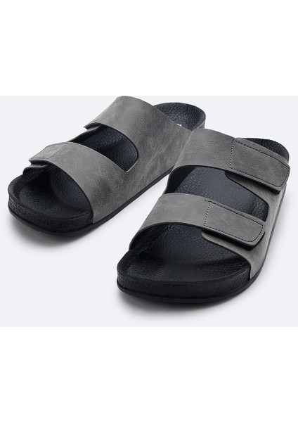 Erkek Gri Bantlı Deri Görünümlü Terlik A41Y8301