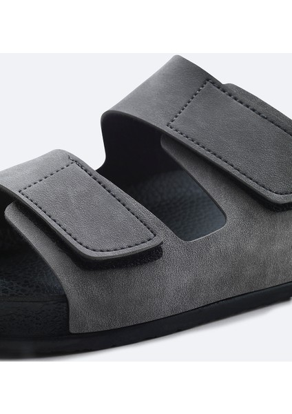 Erkek Gri Bantlı Deri Görünümlü Terlik A41Y8301