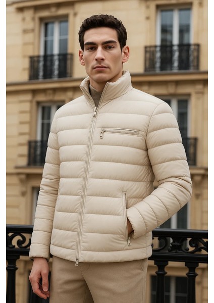 Erkek Trend Basic Dik Yaka Kışlık Krem Şişme Mont