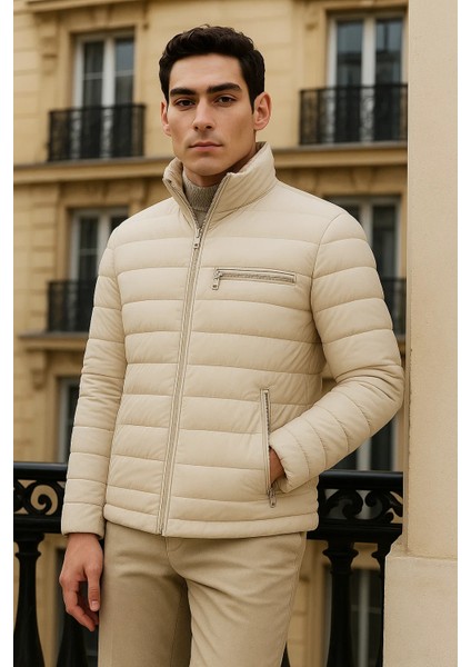 Erkek Trend Basic Dik Yaka Kışlık Krem Şişme Mont modelleri