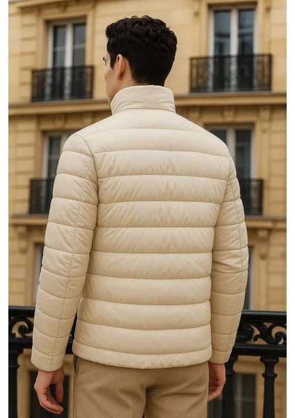 Erkek Trend Basic Dik Yaka Kışlık Krem Şişme Mont