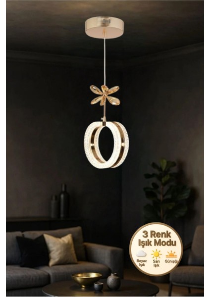 Aurea Model Gold 3 Renk Modu Ledli Kristal Taşlı Modern Salon Mutfak Oturma Odası Sarkıt LED Avize