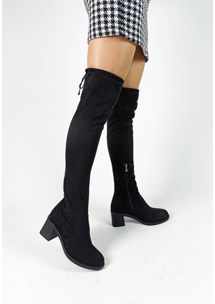 Siyah Süet Diz Üstü Çorap Streç Kalın Topuk Kadın Çizme